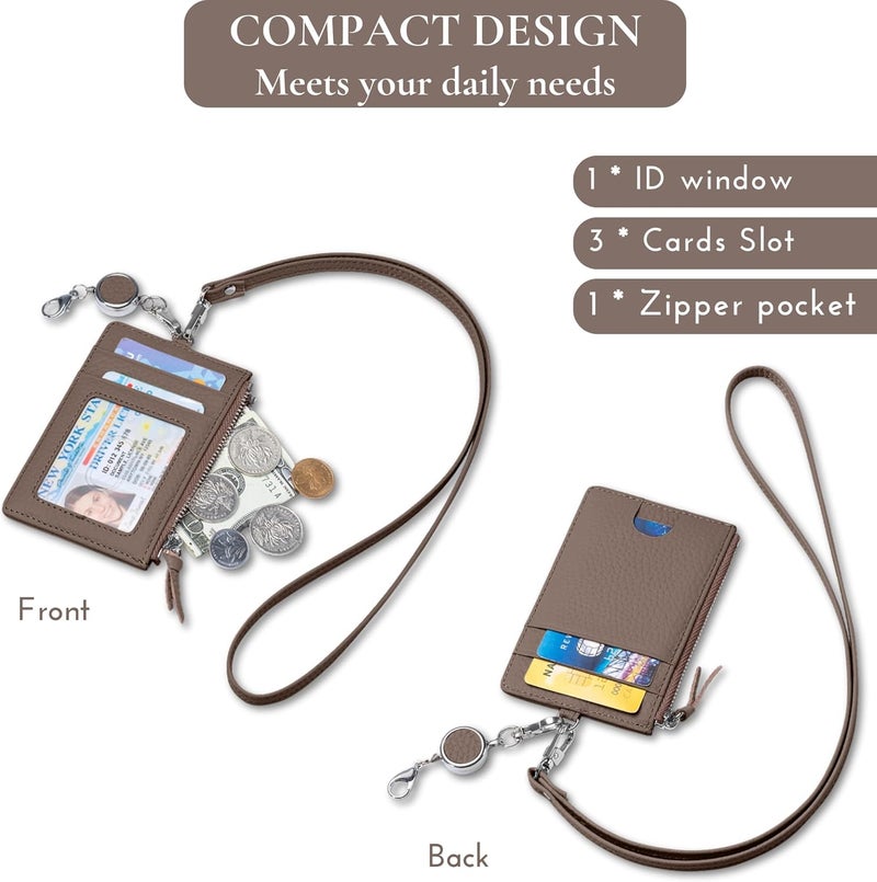 EutDett Leather Lanyards for ID Badge Holder, Lanyard Wallet for Womenand Men, Fashion ID Case with Zipper Pocket, Breakaway Lanyard & Retractable Reel Clip for Teacher Nurse Student (Dark Hkaki) - Image 2